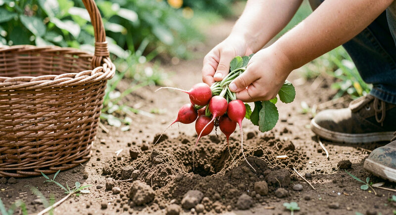 A child's hands lifting a bunch of small red radishes from loose soil, green tops still attached, a woven basket nearby on a garden path.