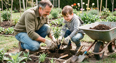 An adult and a child in gloves planting a small shrub in a garden border, a wheelbarrow of compost and hand tools nearby.