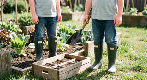 Two children in wellington boots standing at the edge of a small vegetable bed with a trowel and a seed tray