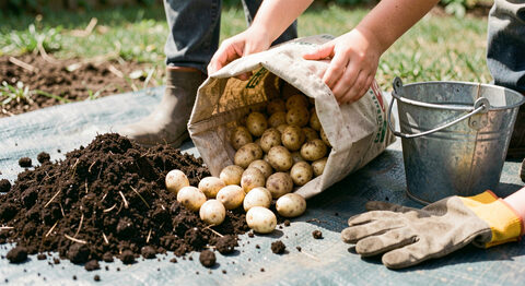 A child tipping a fabric grow bag onto a tarpaulin as pale new potatoes tumble out among compost
