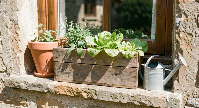 Terracotta pots and a wooden window box planted with lettuce and herbs on a sunny stone step, a small watering can resting on the ledge.