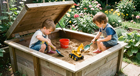 A wooden sandpit with a lifted lid and two children digging with spades and a toy digger