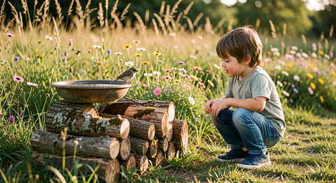 A child crouched beside a small log pile watching a bird bath with wildflowers behind